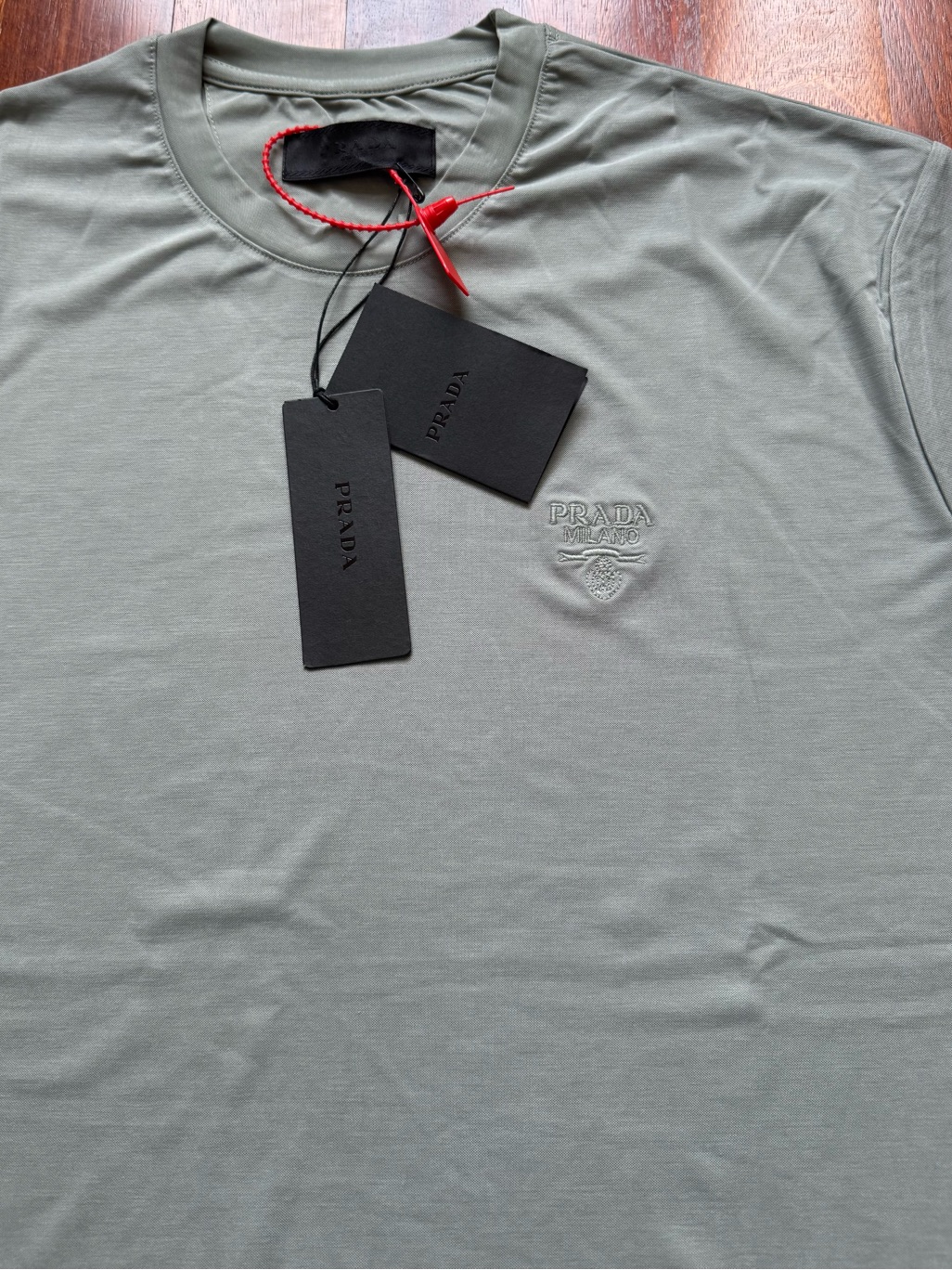Prada Men’s Light Sage Green Crew Neck Logo Tee